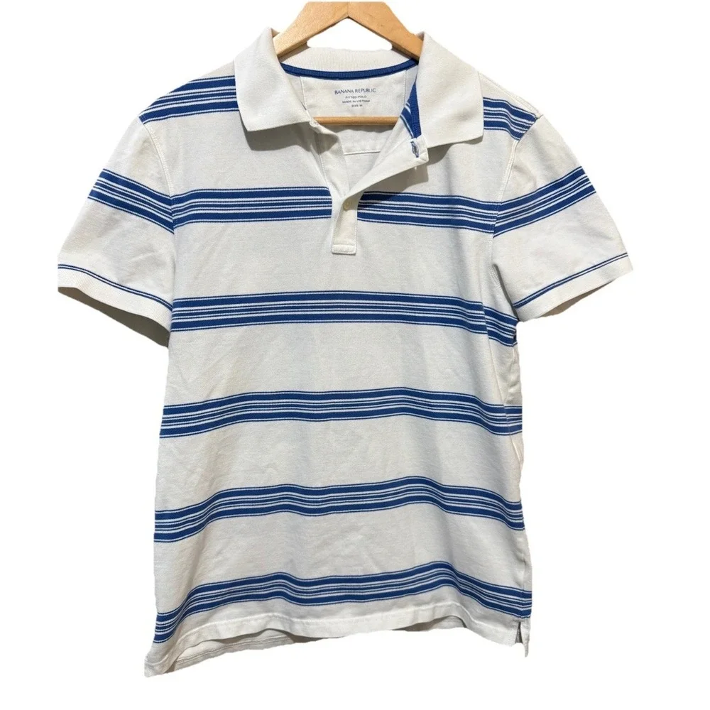 Banana‎ Republic Blue Striped Fitted Polo Shirt Size Medium EUC